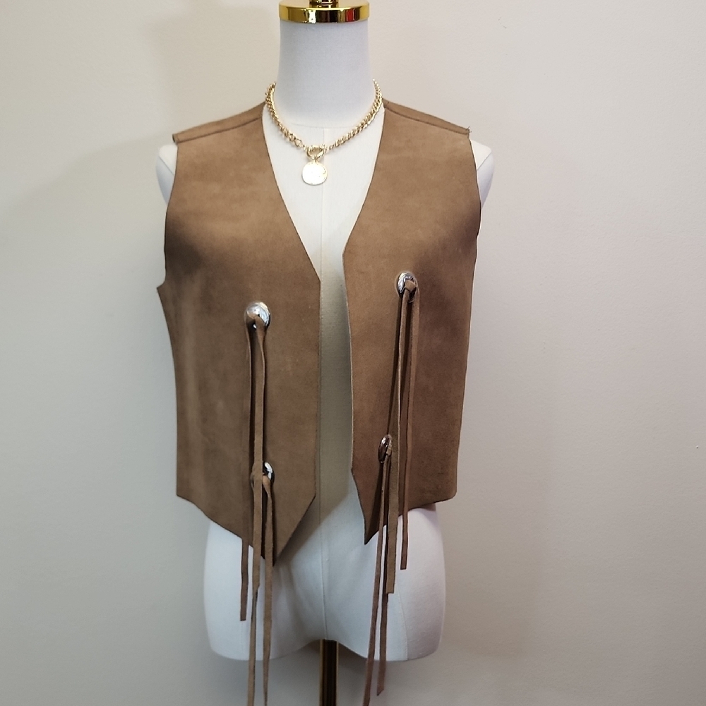 Classic of Boston Suede Fringe Vest Brown Western Boho Festival Size Medium